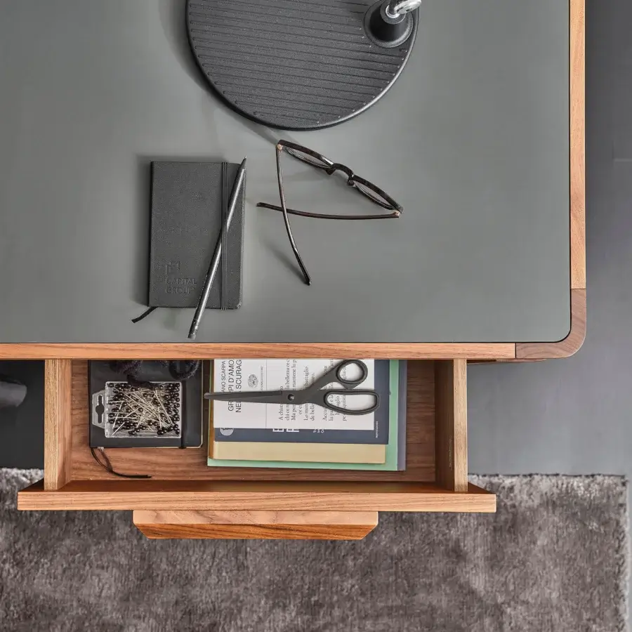 Superior Porada Afordite desk built from solid Canaletta walnut with a natural finish and three-drawer module