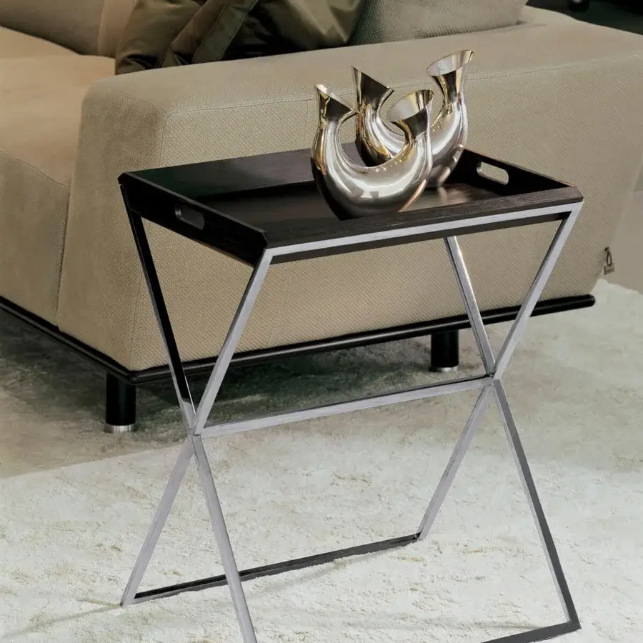 Exceptional Giorgetti Dual Auxiliary Table with a satin Canaletto walnut tray and polished metal X-shaped base