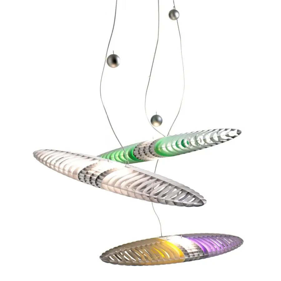 Luxury Luceplan Titania suspension lamp with a floating aluminum shell and steel structure exhibiting a vibrant gradient effect and customizable filters