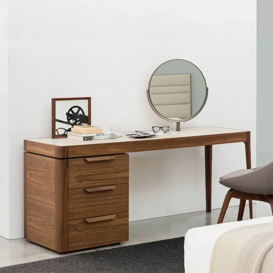 Stunning Porada Afordite desk crafted in solid Canaletta walnut with a satin finish and sleek glass tabletop, supported by a three-drawer module