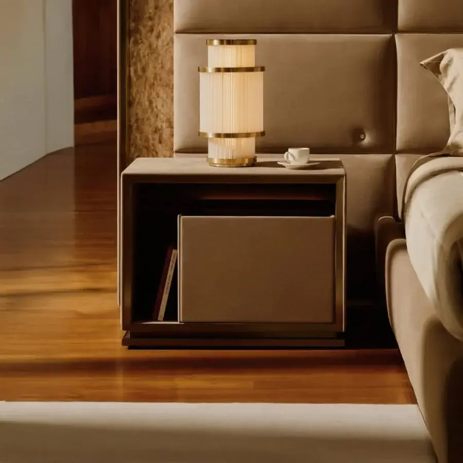 Distinguished Visionnaire Aubade nightstand in warm beige leather with recessed smoked mirror and matte finish