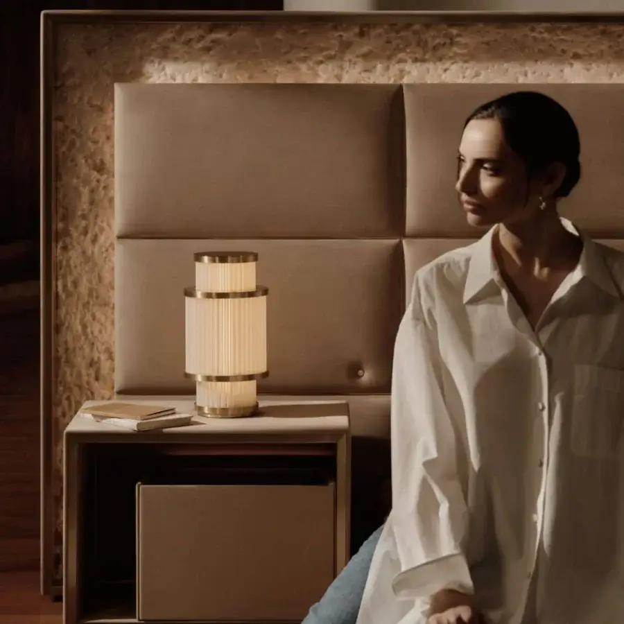 Lavish Visionnaire Aubade nightstand crafted in warm beige leather with satin finish and brass edging