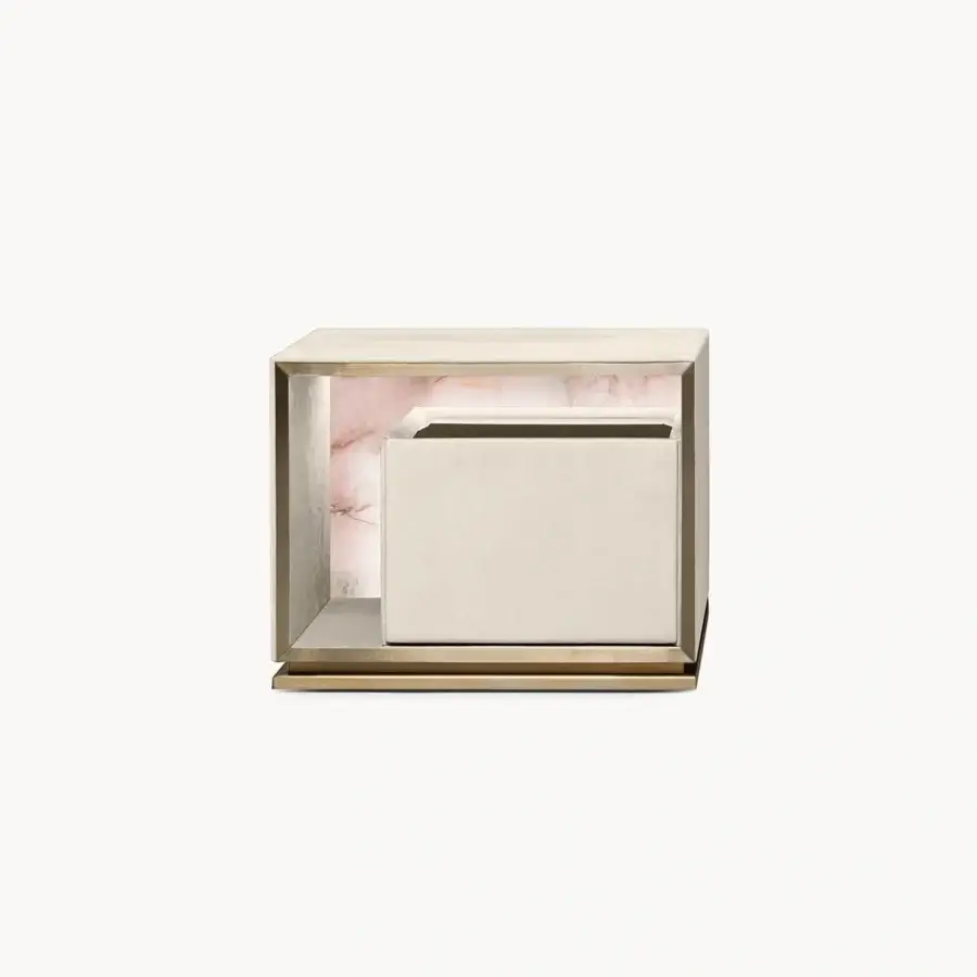 Distinguished Visionnaire Aubade nightstand built with muted leather or fabric upholstery and a smoked mirror top with pink veined marble insert