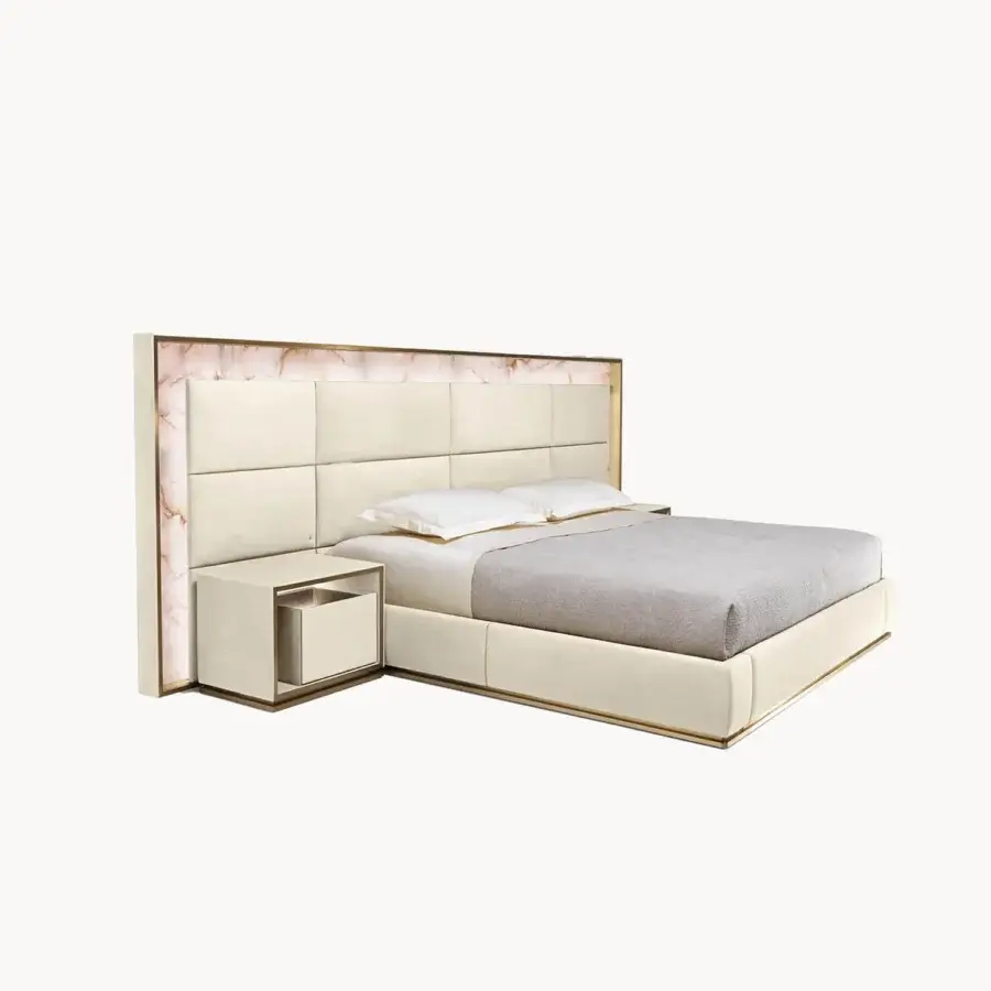 Exceptional Visionnaire Aubade nightstand crafted with pale beige fabric upholstery, stainless steel legs and a recessed smoked mirror