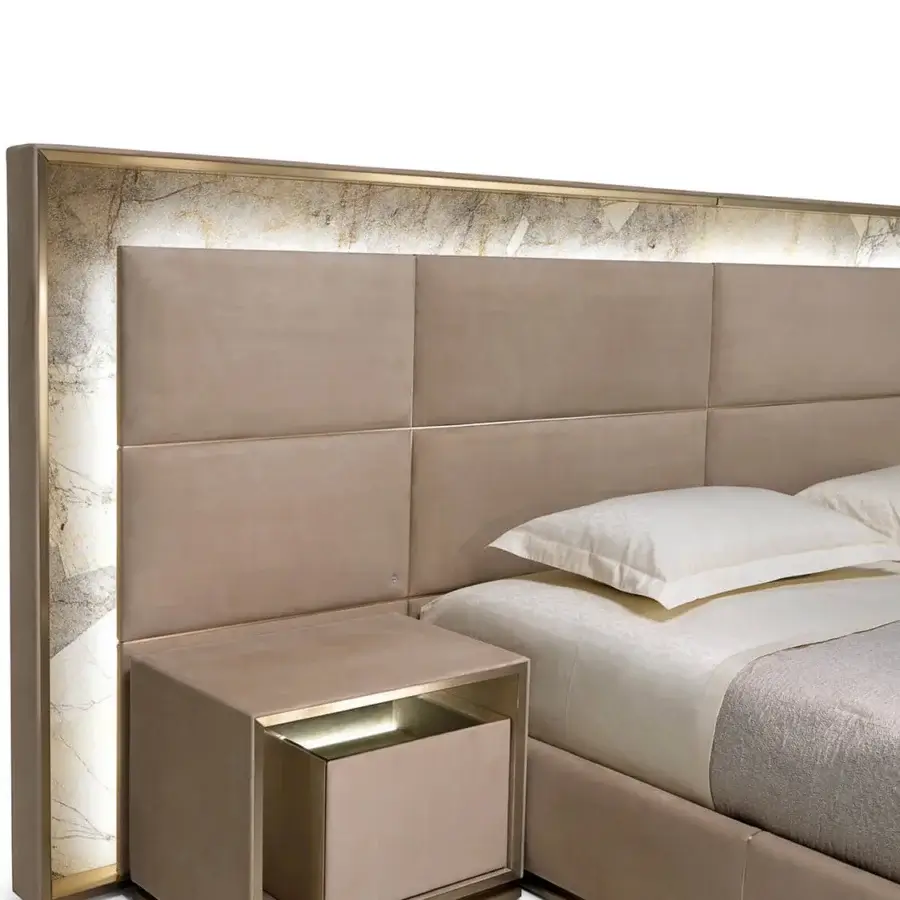 Distinguished Visionnaire Aubade nightstand crafted with taupe textile upholstery, a smoked mirror, and stainless steel frame