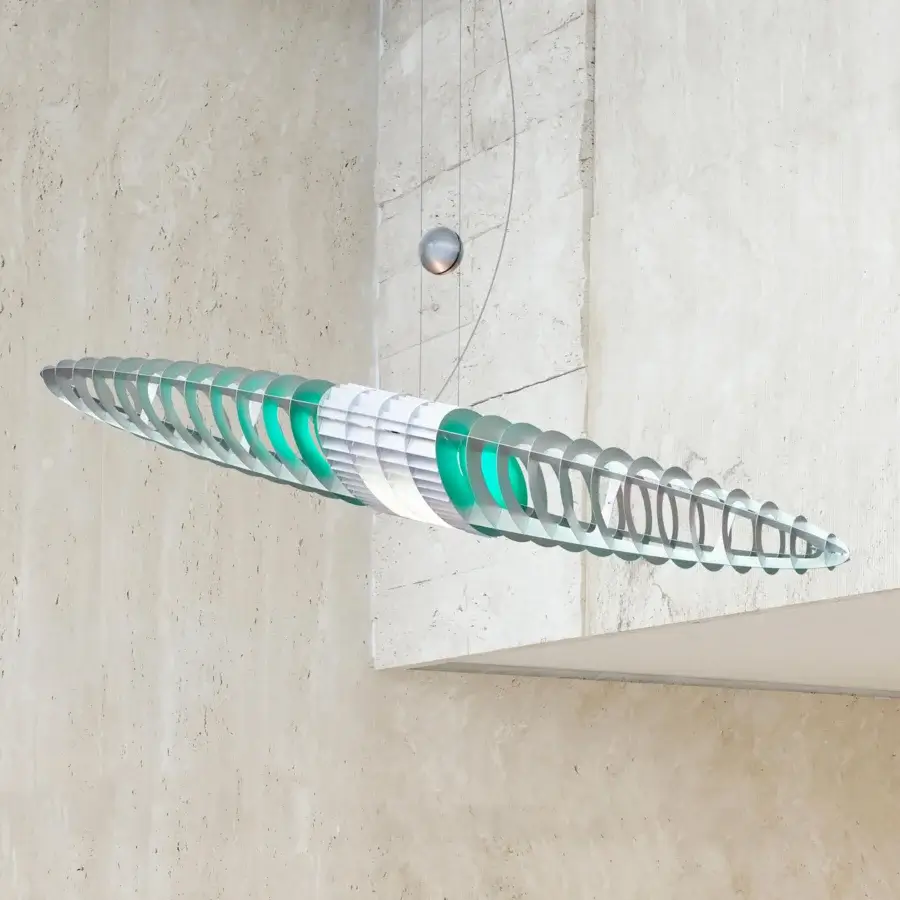 Superior Luceplan Queen Titania suspension lamp with a steel bearing structure and aluminum lamellar shell in pale mint green hues
