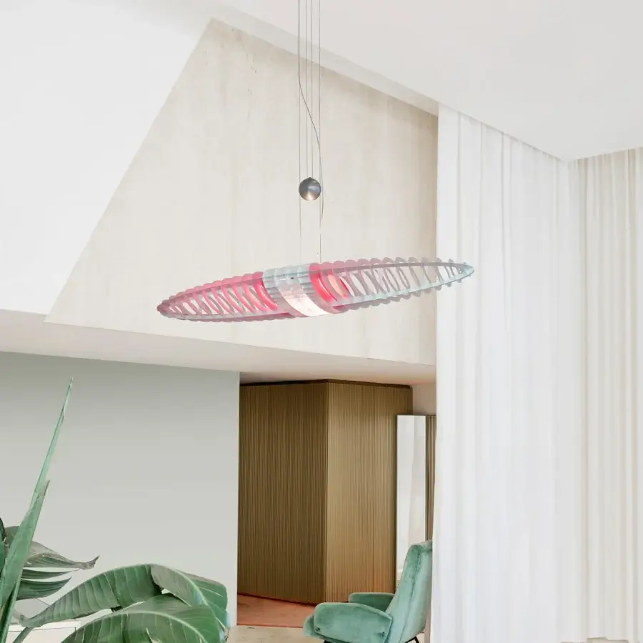 Elegant Luceplan Queen Titania suspension lamp in reddish-pink with a steel bearing structure and aluminum lamellar shell, boasting a satin finish