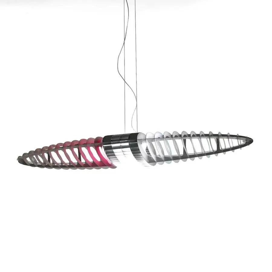 Distinguished Luceplan Queen Titania suspension lamp crafted in aluminum with a gradient from reddish-purple to pale grey and steel structure