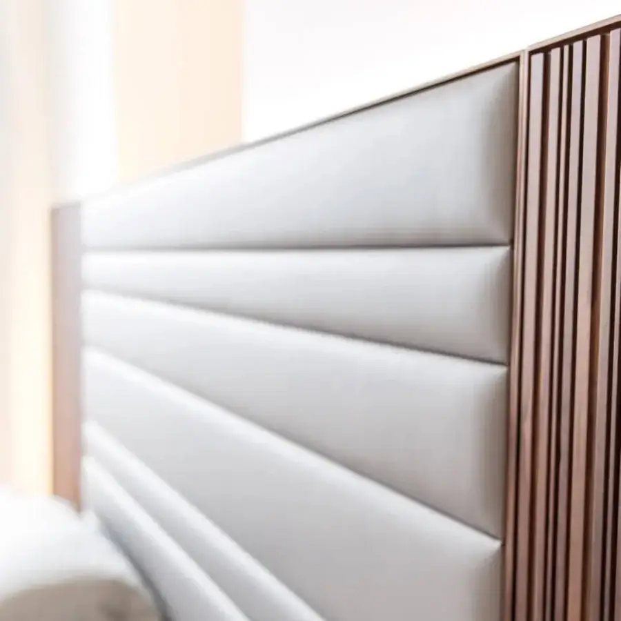 Superior Porada Boheme & Morfeo bed with upholstered headboard and satin canaletto walnut frame