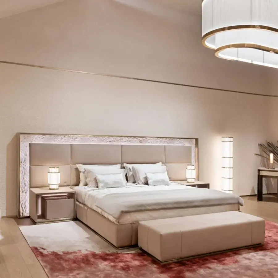 Distinguished Visionnaire Aubade bench with muted beige fine fabric upholstery and satin metal finishes