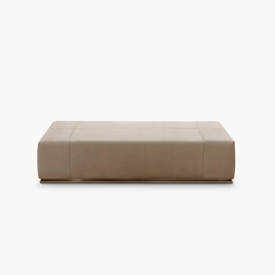 Superior Visionnaire Aubade bench with refined beige fabric upholstery and satin metal base