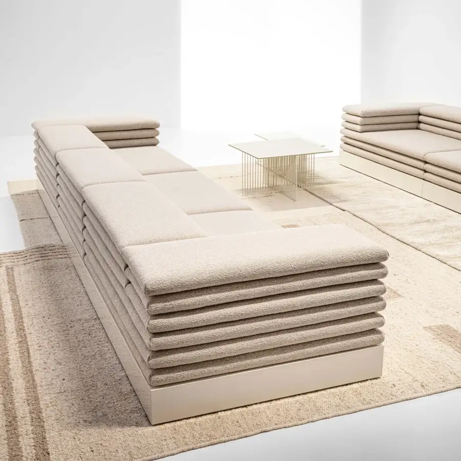 Distinguished LaCividina Acamante modular sofa with textured neutral beige textile upholstery and sleek lined base