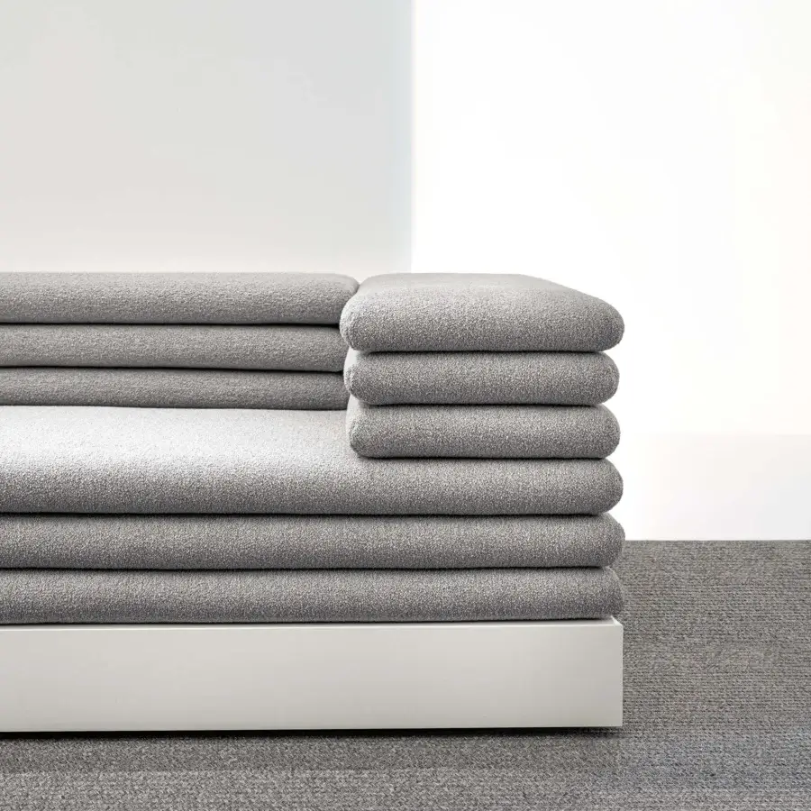 Captivating LaCividina Acamante modular sofa built in textured neutral gray textile with lined bases and geometric forms