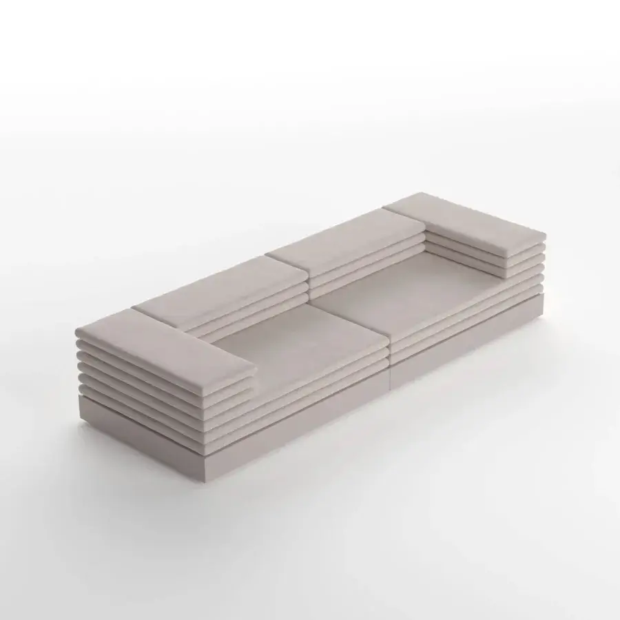 Distinguished LaCividina Acamante modular sofa built in light gray woven fabric with a strikingly minimalist geometric profile