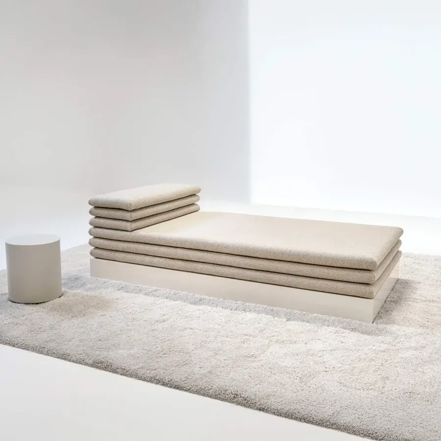 Exceptional LaCividina Acamante daybed with neutral beige textile upholstery and matte finish construction