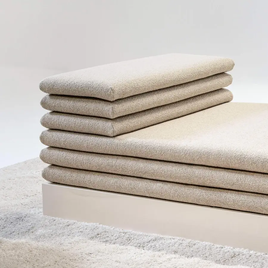 Superior LaCividina Acamante daybed with neutral beige textile upholstery and lined base construction