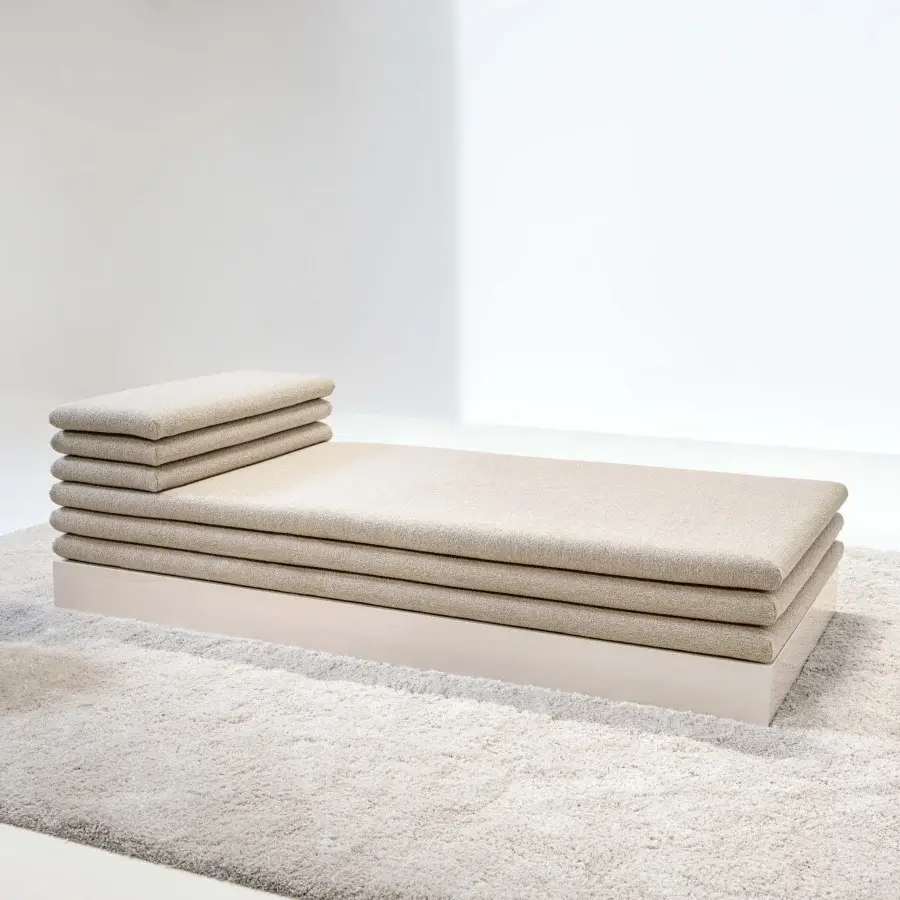 Distinguished LaCividina Acamante daybed with neutral beige textile upholstery and simple lined base construction