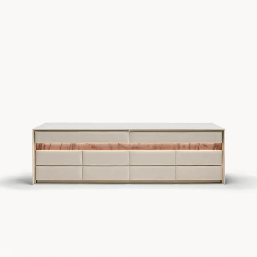 Exceptional Visionnaire Aubade sideboard crafted in beige leather with quilted drawer fronts and marble accents
