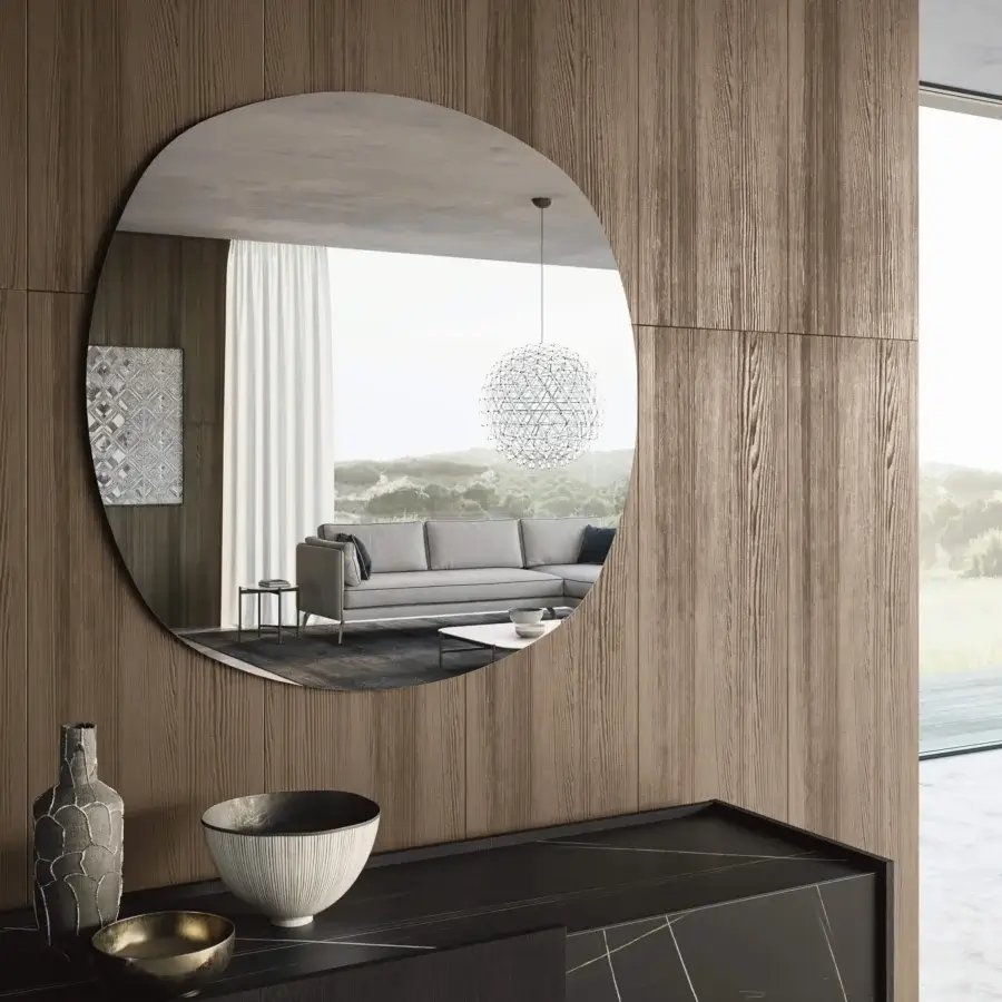Elegant Dallagnese Radius mirror crafted in medium brown wood with beautiful grain and a polished-edge finish