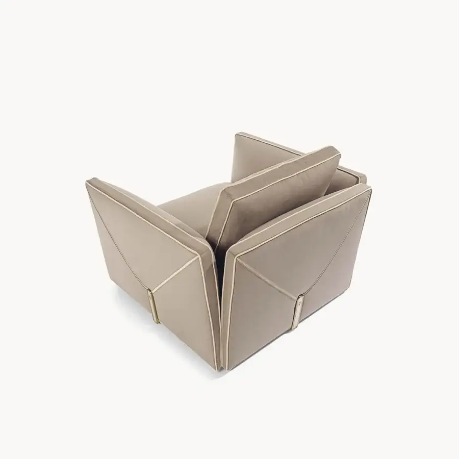 Exceptional Visionnaire Bastian Still lounge chair crafted with a solid wood shell, plush beige textile and satin steel accents