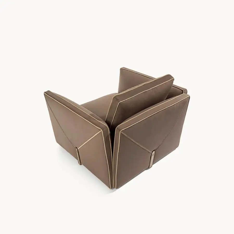 Lavish Visionnaire Bastian Still lounge chair upholstered in smooth taupe material with grosgrain bands and leather piping