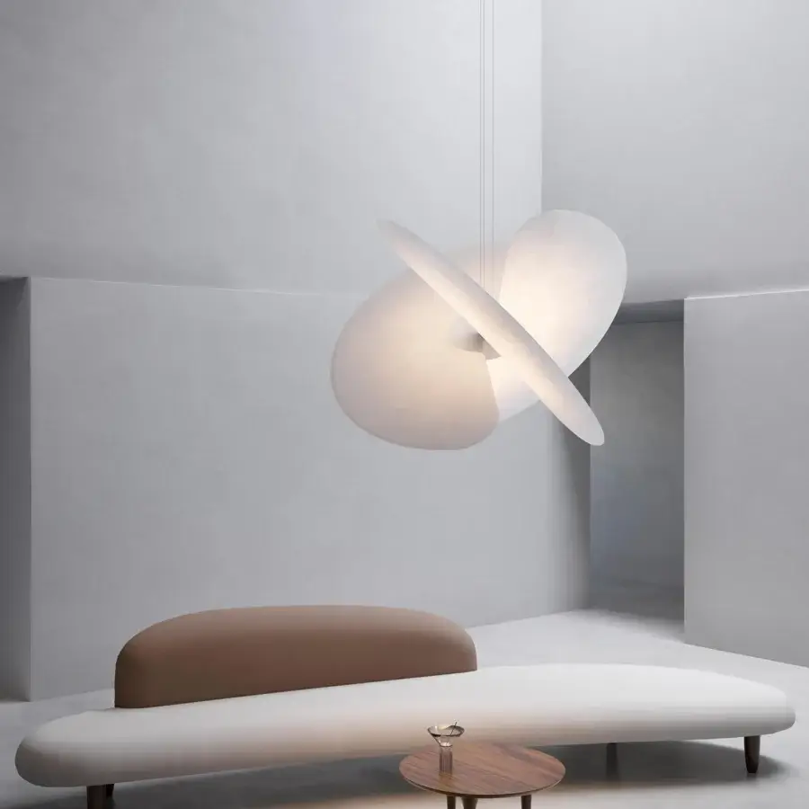 Distinguished Luceplan Levante suspension lamp crafted in warm white with ultra-thin diffusers and an aluminum core exhibiting a smooth matte finish
