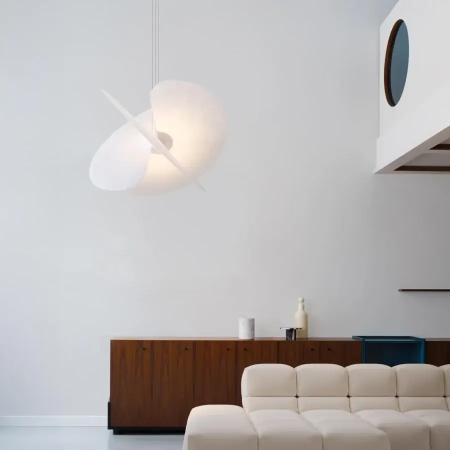 Innovative Luceplan Levante suspension lamp with intersecting veils crafted in off-white PET and smooth matte aluminum core