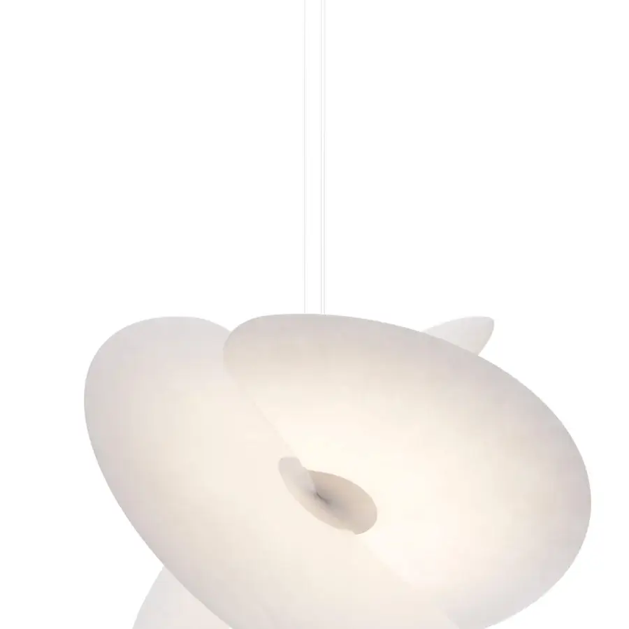 Distinguished Luceplan Levante suspension lamp with organically flowing form crafted in warm white ultra-thin PET material and integrated LED light