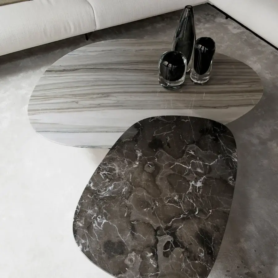 Exquisite Giorgetti Galet coffee table with overlapping grey and brown marble tops and high-gloss lacquer finish