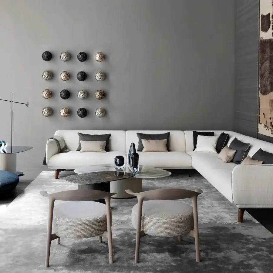 Distinguished Giorgetti Galet coffee table with sculpted form and tempered glass top in satin Canaletto walnut finish