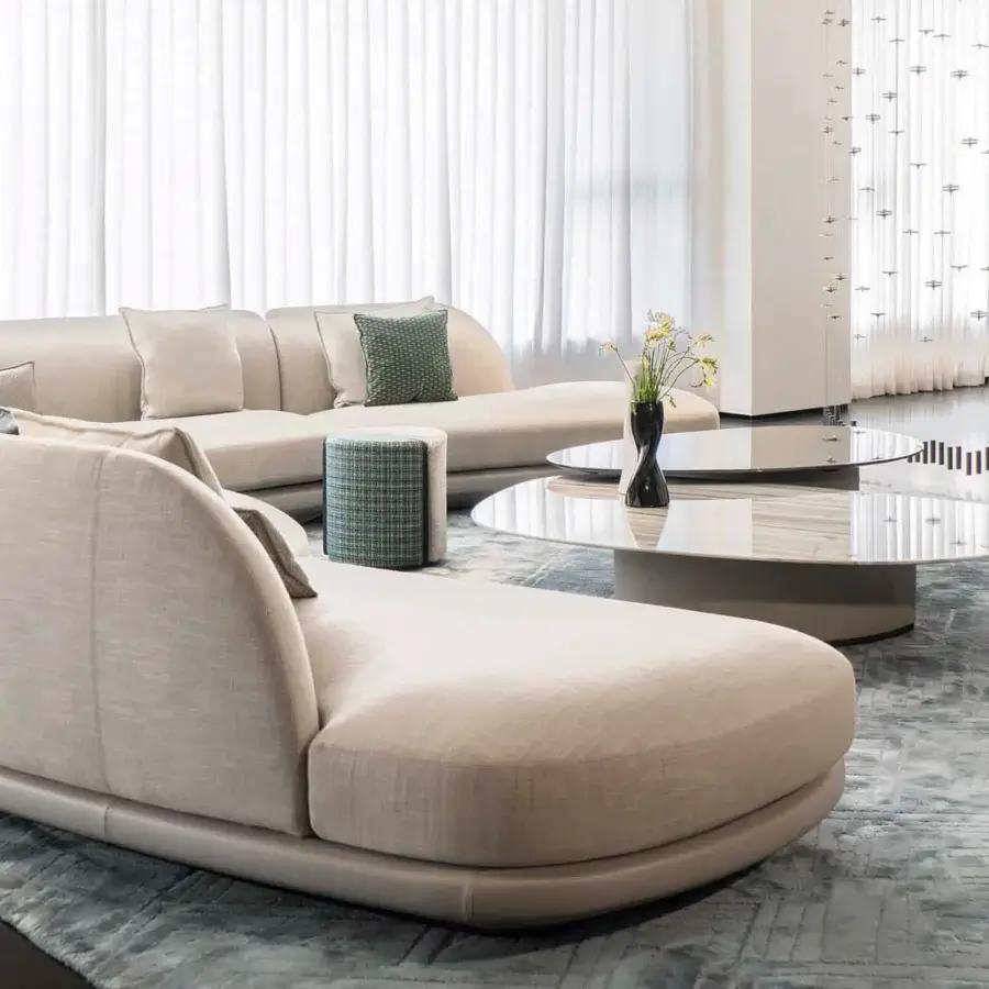 Elegant Giorgetti Galet coffee table with light beige wood base and sleek tempered glass tabletop crafted with a glossy finish