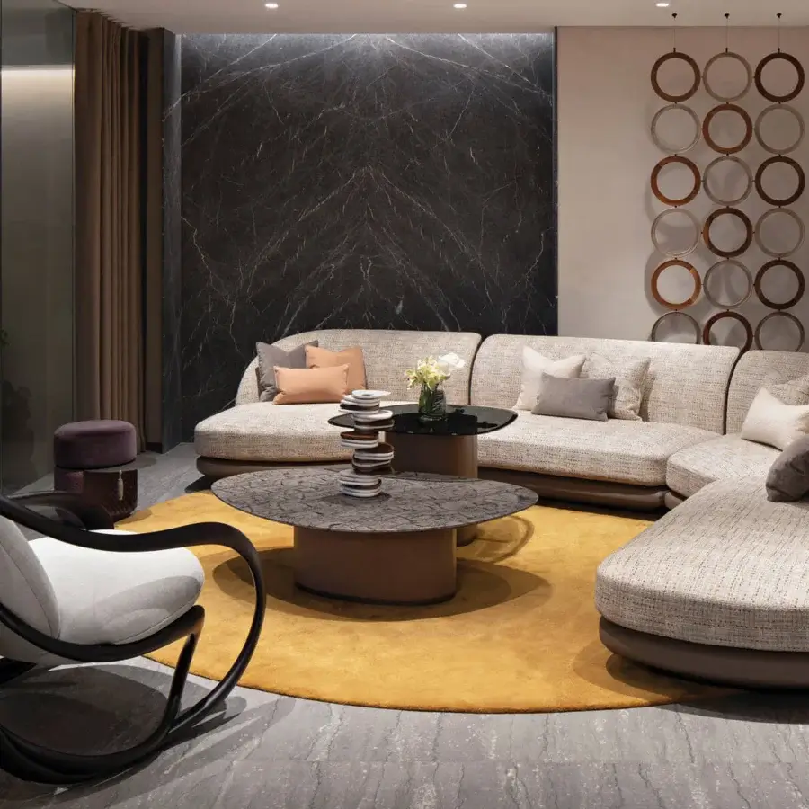 Exceptional Giorgetti Galet coffee table with Canaletto walnut top and leather-wrapped base in warm bronze metal support