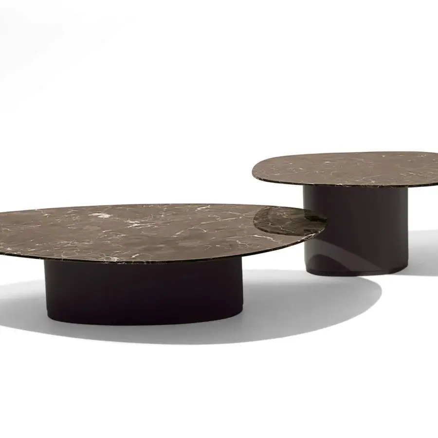 Distinguished Giorgetti Galet coffee table with dark grey polished marble top and deeply toned matte wood base