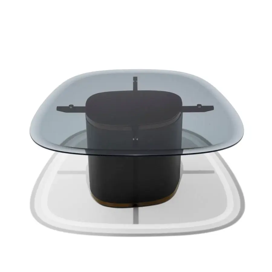 Sophisticated Giorgetti Galet coffee table with sleek tempered glass top and gracefully contoured leather-wrapped base with bronze-toned metal