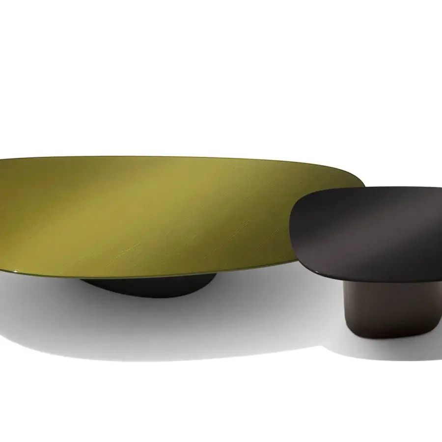 Exclusive Giorgetti Galet coffee table with organically shaped dual tables in muted olive green Canaletto walnut and glossy dark brown with bronze finish