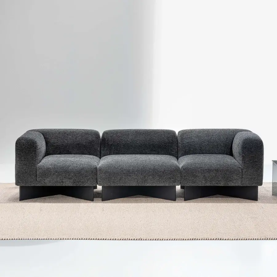 Distinguished LaCividina Create sofa upholstered in dark gray textured textile with graphite stained ash wood base
