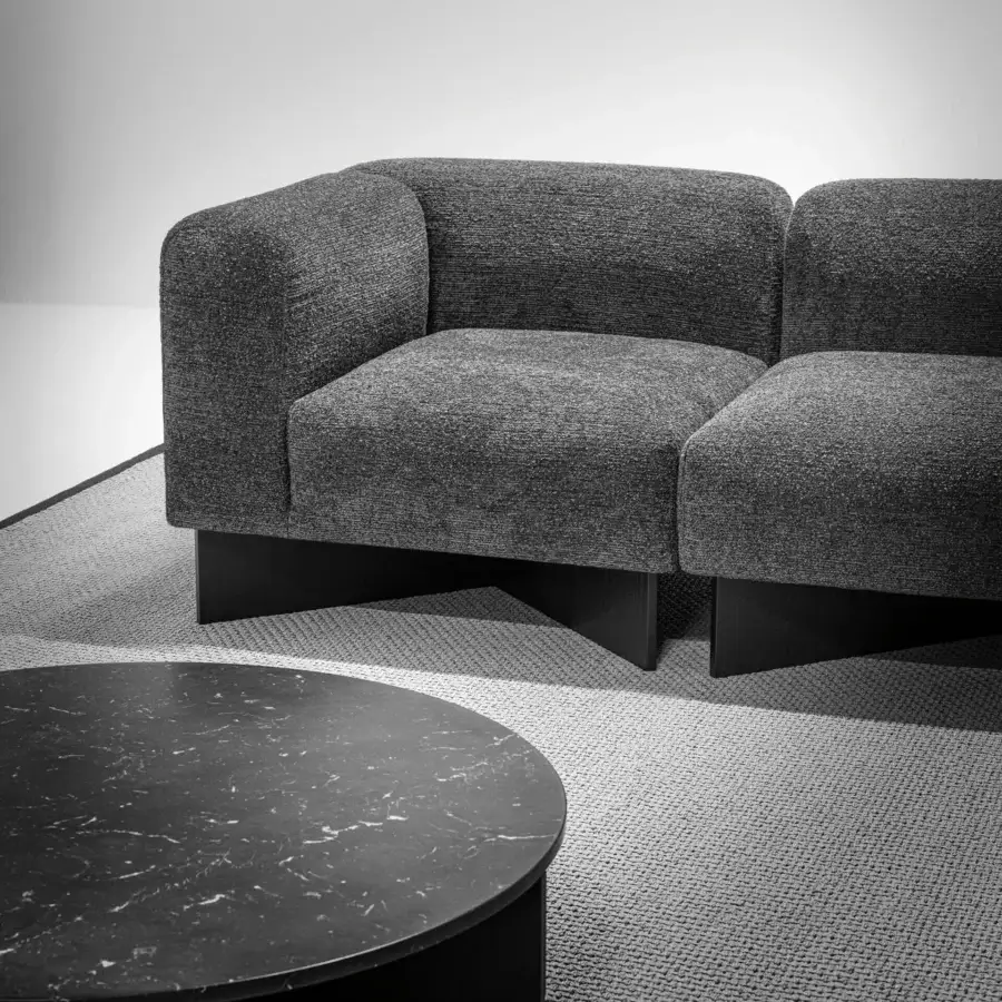 Exceptional LaCividina Create sofa upholstered in medium gray textured fabric with graphite stained ash wood base and matte finish