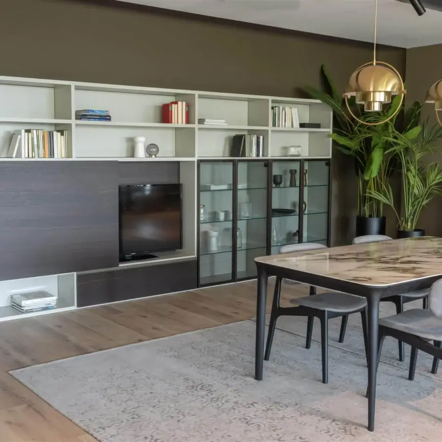 Superior Dallagnese Smooth table with grey and white veined stone top and delicately splayed dark-toned metal base