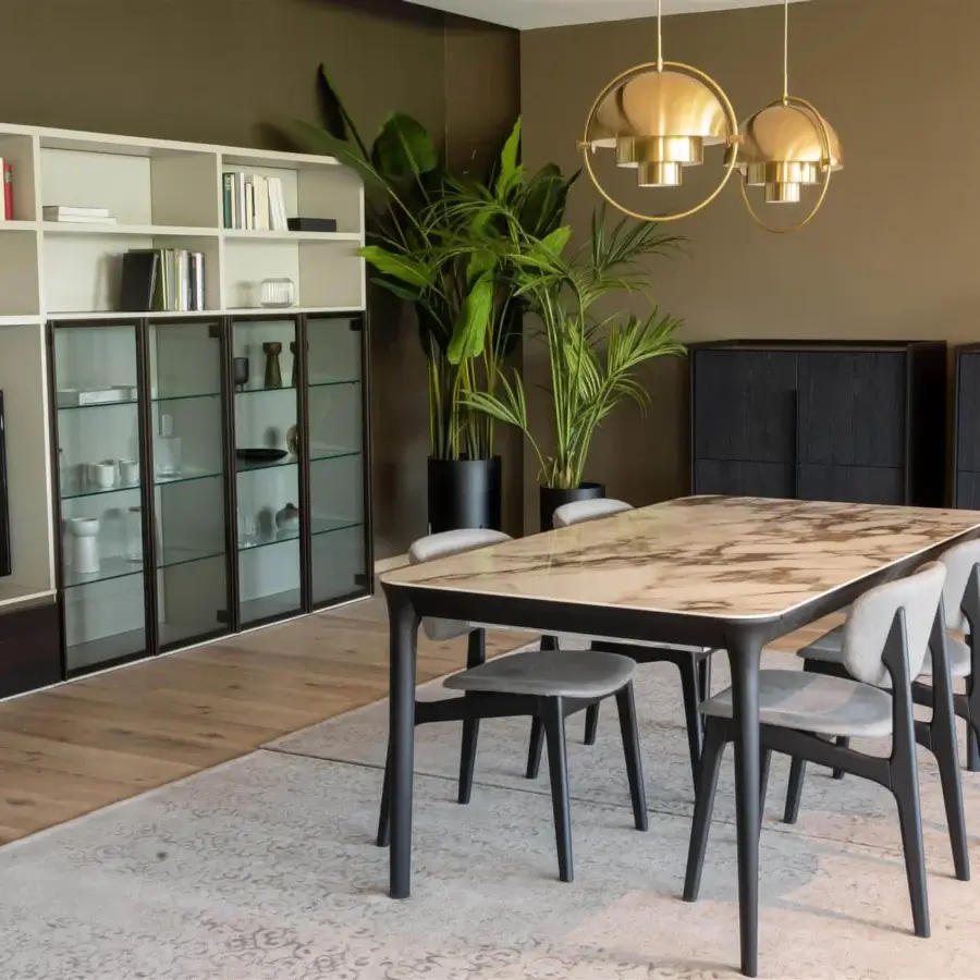 Distinguished Dallagnese Smooth table with grey and beige veined marble-like top and dark grey metal base