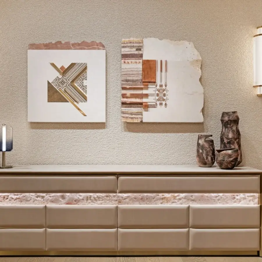 Exceptional Visionnaire Giano Wall Applique, a sculptural lamp built with satin steel and PVD gold, emitting warm diffused light with borosilicate glass rods