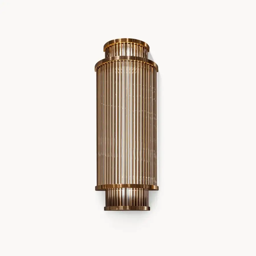 Lavish Visionnaire Giano Wall Applique, a sculptural lamp built with satin steel and warm golden-brown borosilicate glass rods