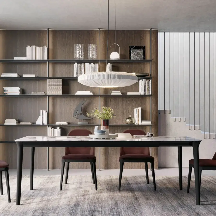 Distinguished Dallagnese Smooth table with a dark-toned wooden tabletop and reddish-brown sculpted legs in a smooth matte finish