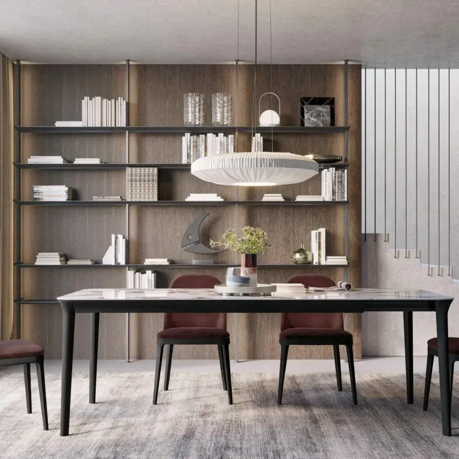 Elegant Dallagnese Smooth table with a reddish-brown wooden tabletop and sleek black metal base in a satin finish