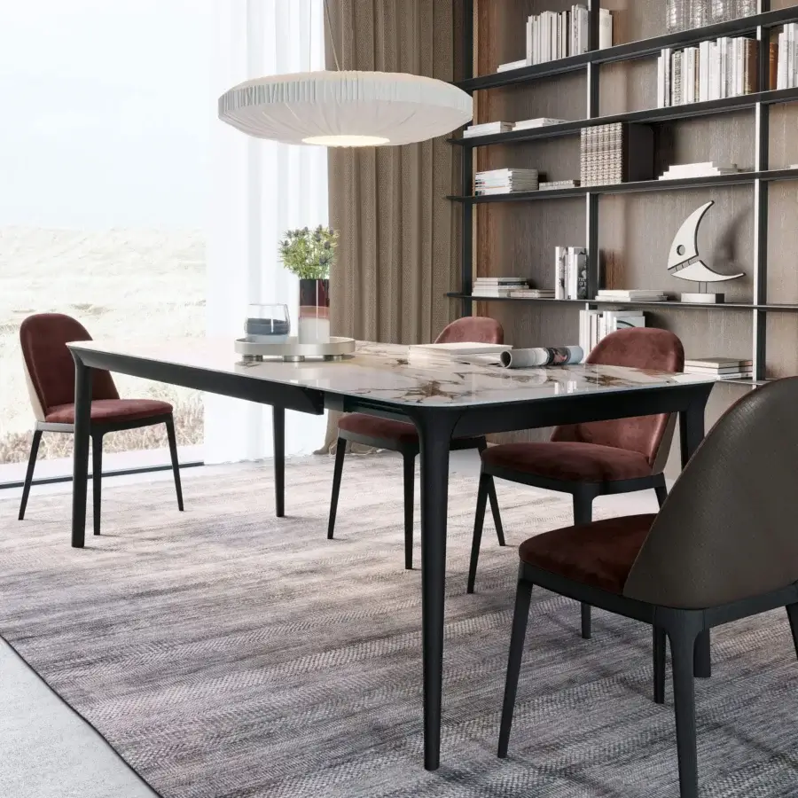 Distinguished Dallagnese Smooth table crafted in Italy with a marble-look tabletop and dark satin-finish metal legs