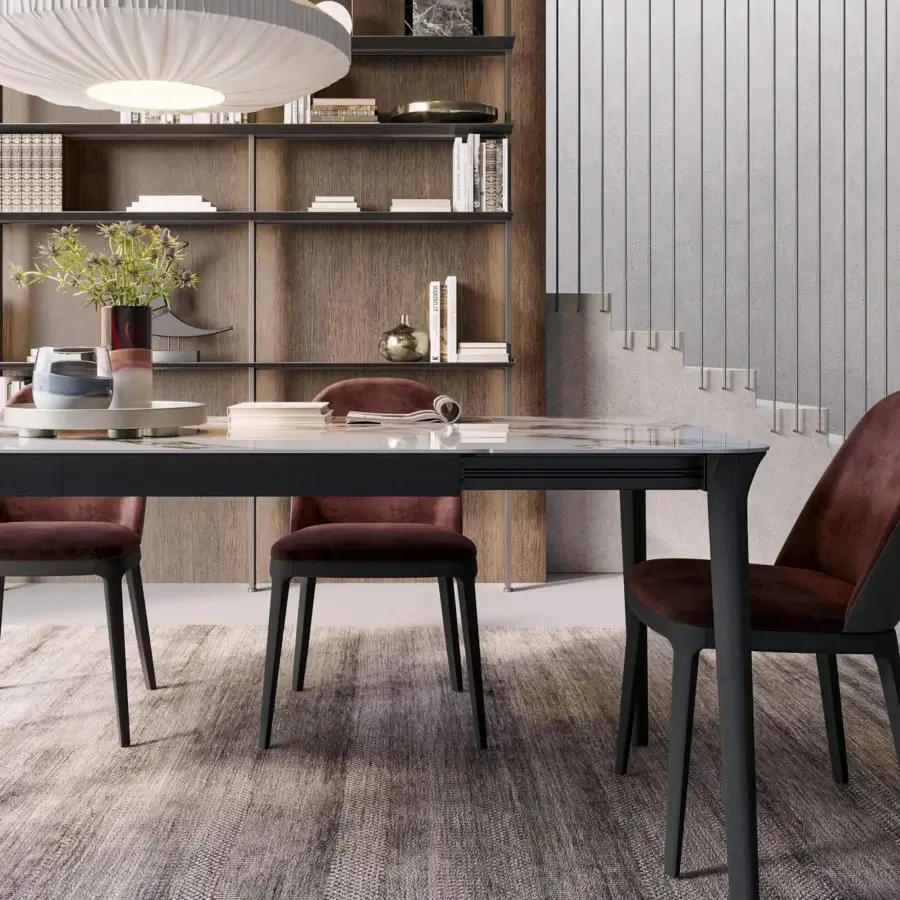 Superior Dallagnese Smooth table with a light neutral tabletop, sculpted solid wooden legs and dark gray matte metal frame