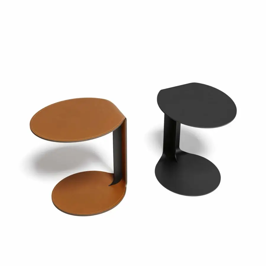 Distinguished Dallagnese Beam side table crafted with rich brown regenerated hard leather and dark metal connecting element with tailored stitching
