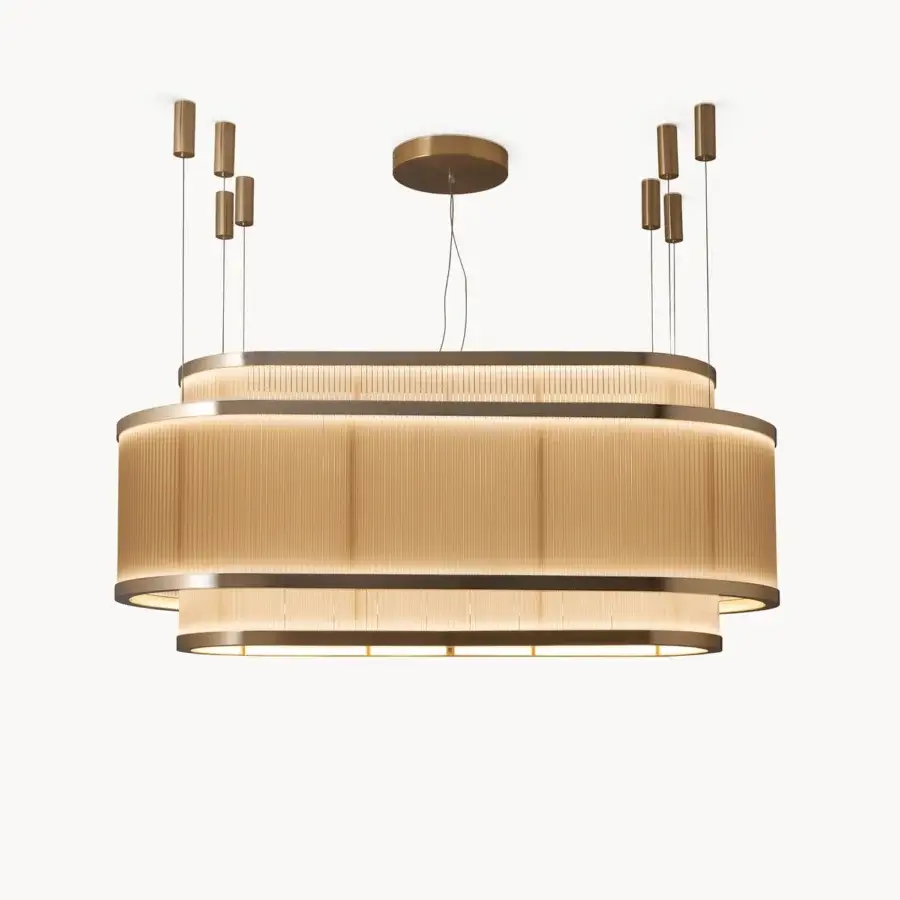 Elegant Visionnaire Giano suspension lamp in layered oval form with satin steel and PVD gold finished borosilicate glass tubes