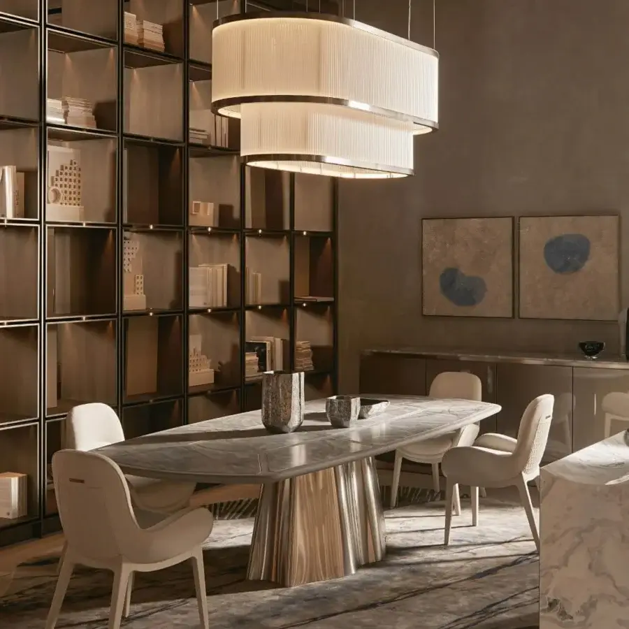 Exceptional Visionnaire Giano suspension lamp in vertically ribbed borosilicate glass with satin steel frame and diffused warm off-white tone