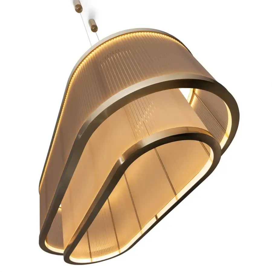 Exclusive Visionnaire Giano suspension lamp in layered oval silhouette with warm gold PVD coated finish and satin steel frame