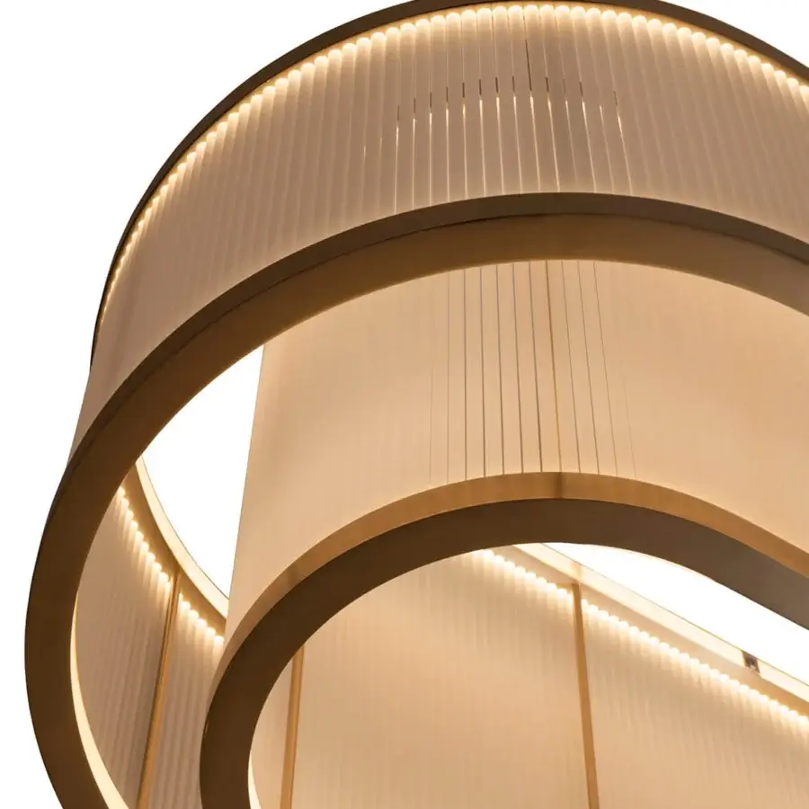 Distinguished Visionnaire Giano suspension lamp crafted in layered oval silhouette with satin steel and premium PVD gold